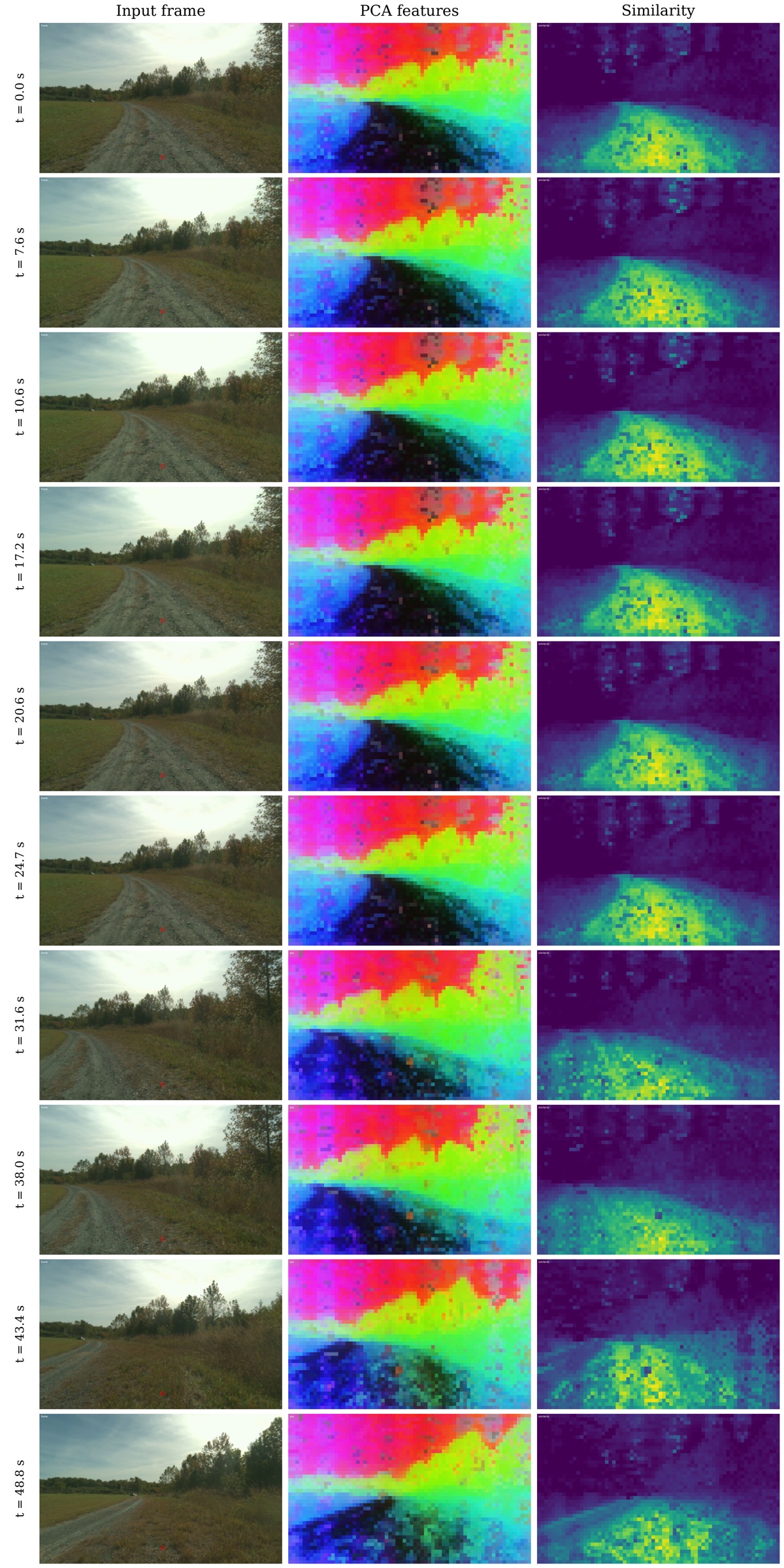 DINOv2 visual feature panels for a failed run, with input frames, PCA features, and similarity maps.